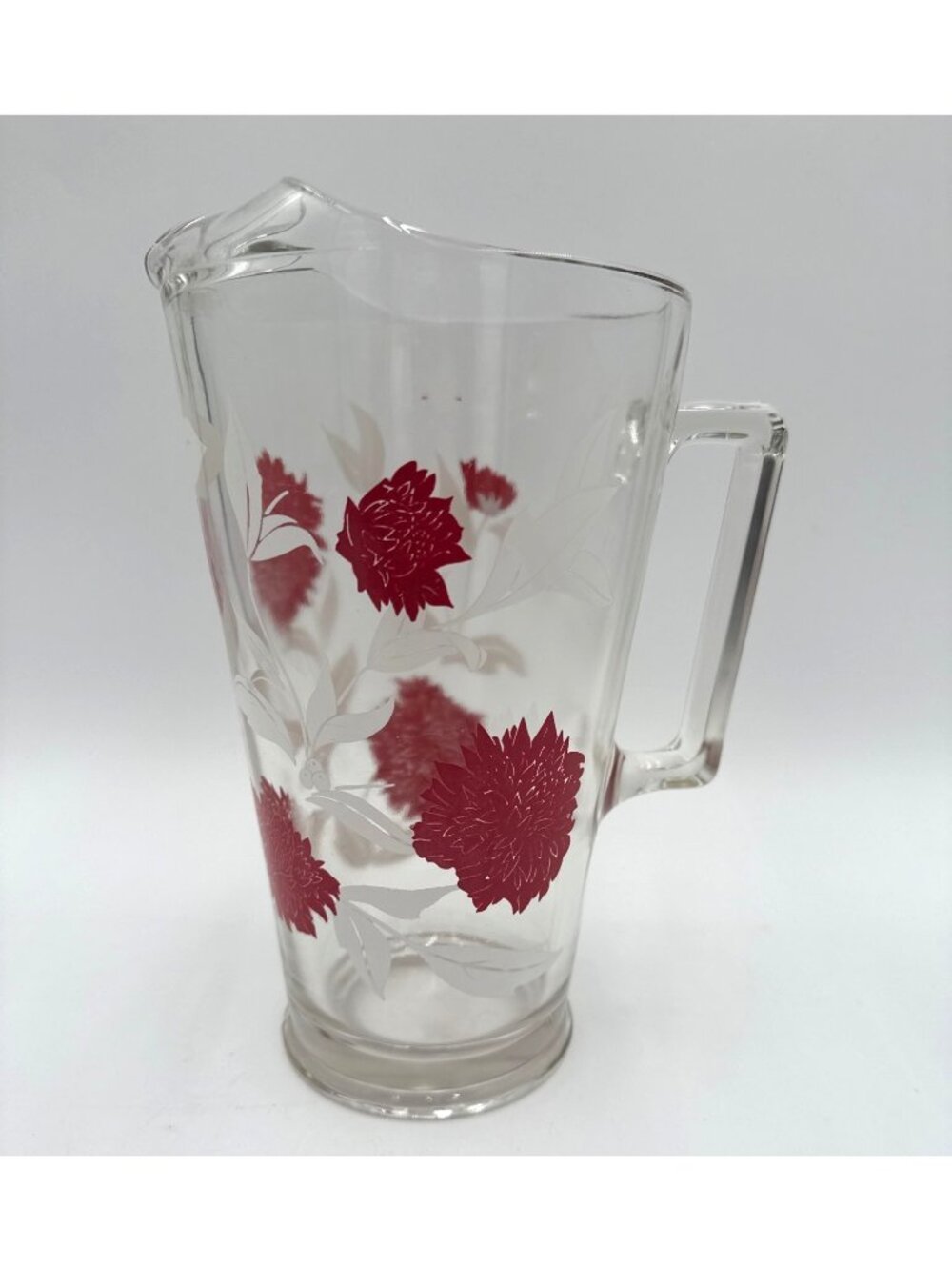 Vintage Heavy Glass Pitcher Clear Glass Pitcher Red Floral Print with Ice Lip
